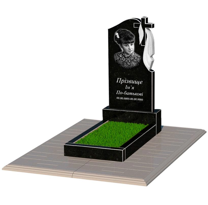 Основное Гранитный памятник маленького размера одинарный из черного гранита Коростышев с крестом и плащаницей резной к2-kor-npf-80-40-05-142-r-pbd1