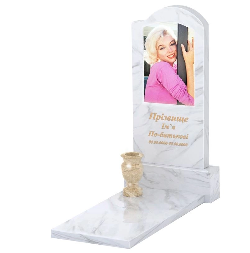 Основне Мармуровий пам'ятник з надгробною плитою одинарний з білого мармуру Волокас з хвилею різьблений к7-vol-pf-100-50-08-011-r