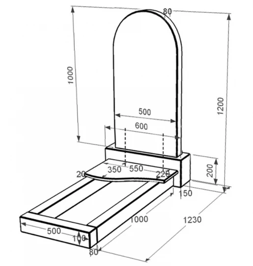 Розміри Пам'ятник із граніту напівкруглої форми одинарний із чорного граніту Коростишів з хвилею різьблений к3-kor-npf-100-50-08-006