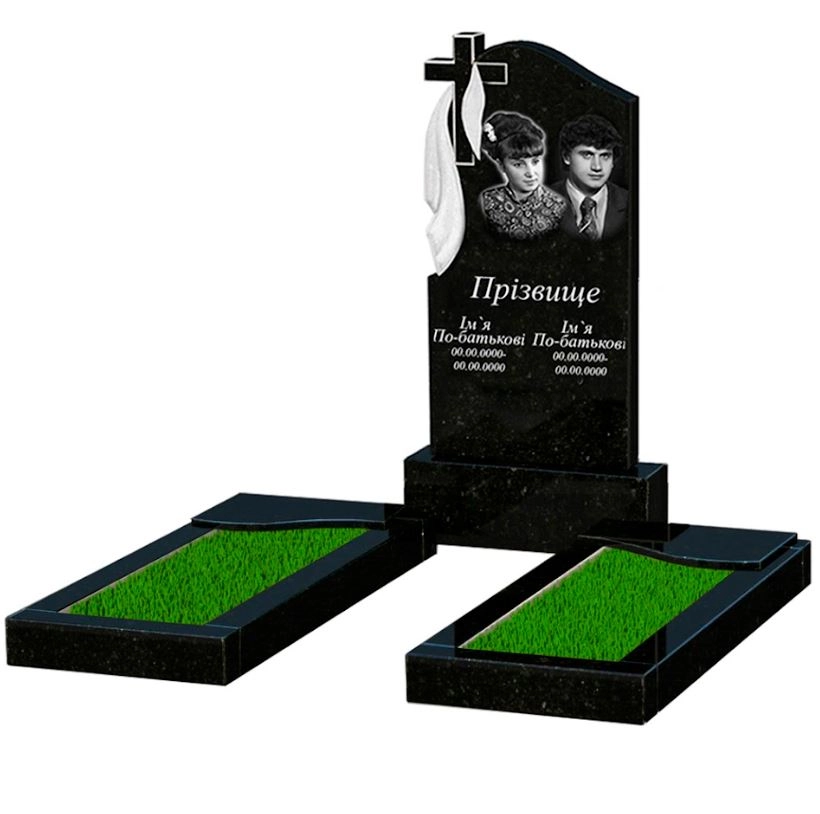 Основне Граніт надгробок для родини подвійний із чорного граніту Коростишів з хвилею різьблений к16-kor-pf-100-50-08-142