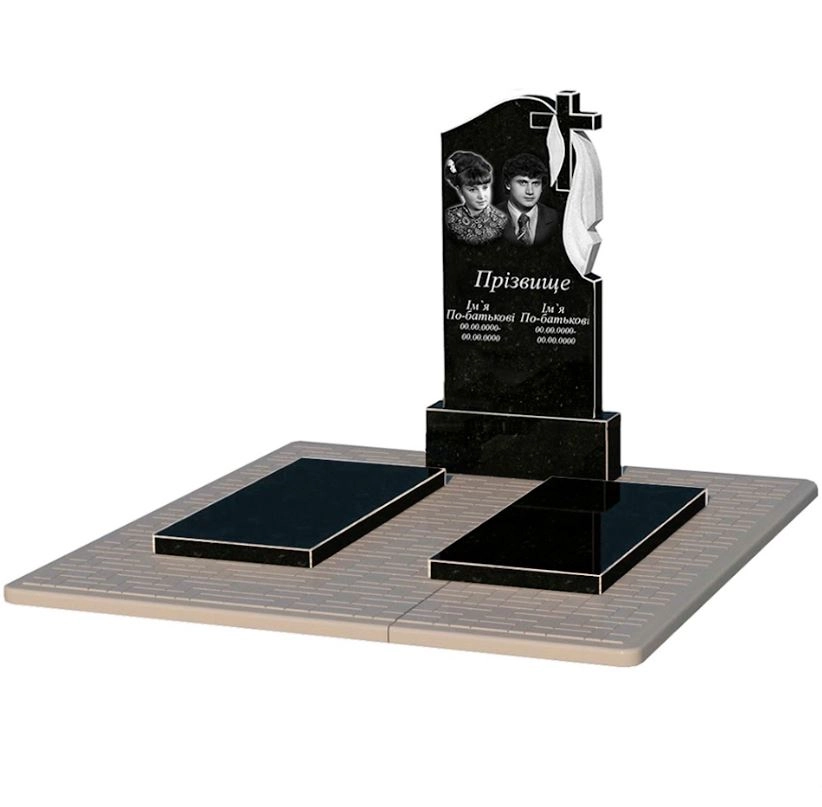 Основное Гранитный памятник от производителя Украина двойной из черного гранита Коростышев с крестом и плащаницей резной к17-kor-npf-100-50-08-142-r-pbd2