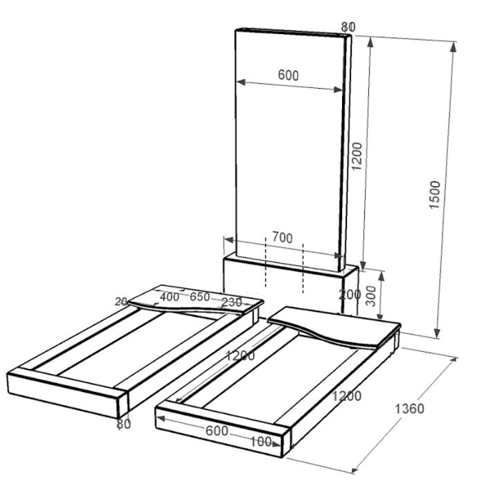 Розміри Пам'ятник із граніту з полірованими фасками подвійний із чорного граніту Коростишів з хвилею різьблений к15-kor-pf-120-60-08-001