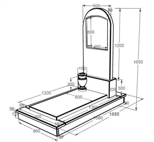Размеры Мраморный памятник для женщин одинарный из мрамора Дайна с полукруглой стелой к7-dan-pf-120-60-08-006-ck