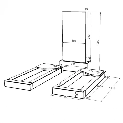 Размеры Памятник из гранита стела 100х50 см двойной из черного гранита Коростышев с волной резной к16-kor-npf-100-50-08-001