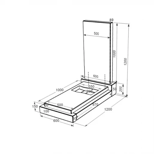 Размеры Надгробие из гранита с вырезанным флагом 1200x600x1200 одинарное из черного гранита Коростышевского карьера серия Базис 001 к6-kor-npf-100-50-08-001