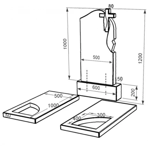 Розміри Гранітний пам'ятник неполіровані фаски подвійний із чорного граніту Коростишів з вирізаним куточком к18-kor-npf-100-50-08-142-r