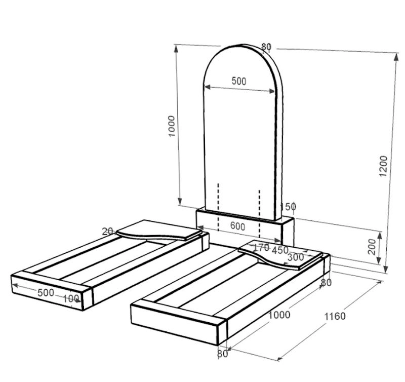 Розміри Гранітний пам'ятник напівкруглої форми подвійний із чорного граніту Коростишів з хвилею різьблений к16-kor-npf-100-50-08-006
