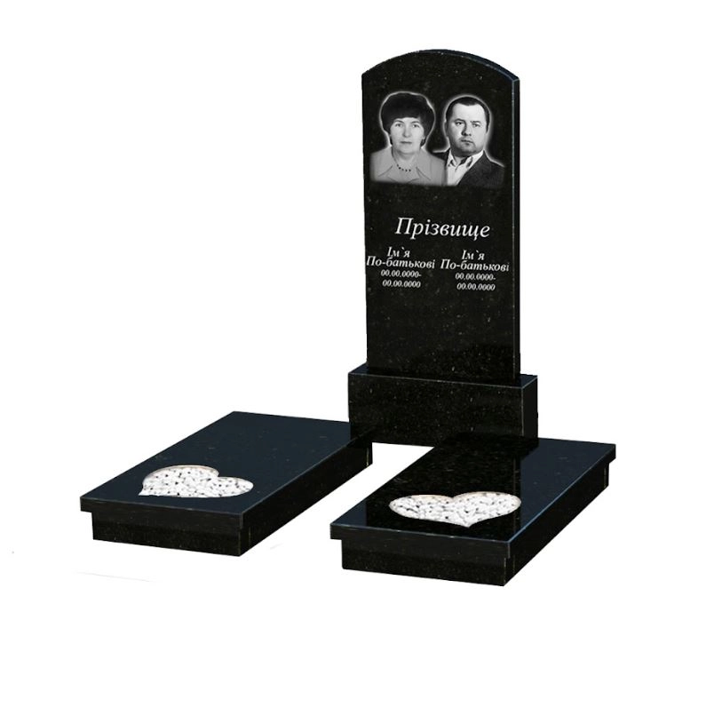 Основное Памятник из гранита с декорированием белой галькой двойной из черного гранита Коростышев с сердцем резная работа к20-kor-pf-120-60-08-009