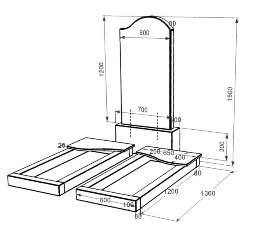Размеры Гранитный камень на могилу с цветником двойной из черного гранита Коростышев с волной резной к15-kor-pf-120-60-08-011-r