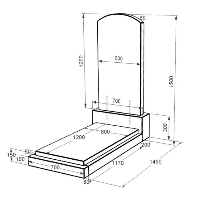Розміри Пам'ятник із граніту чоловічий одинарний із чорного граніту Коростишів з дугою різьблений к12-kor-pf-120-60-08-009