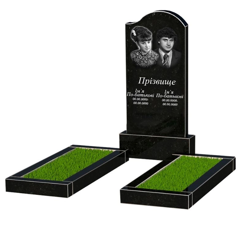 Основне Гранітний кам'яний надгробок з квітником без плити подвійний із чорного граніту Коростишів з хвилею різьблений к14-kor-npf-100-50-08-011-r