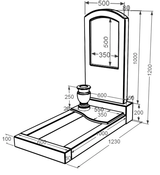 Розміри Мармуровий пам'ятник з квітником одинарний з мармуру Дайна з дугою різьблений к5-dan-pf-100-50-08-009