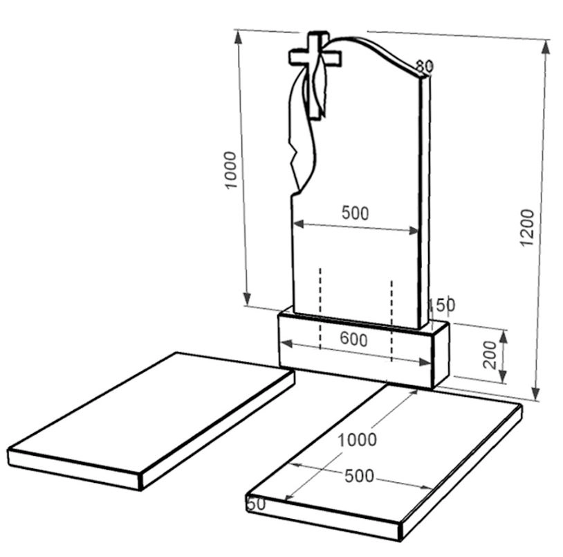 Розміри Гранітний пам'ятник з хрестом різьблений подвійний із чорного граніту Коростишів з плащаницею різьблений к17-kor-pf-100-50-08-142