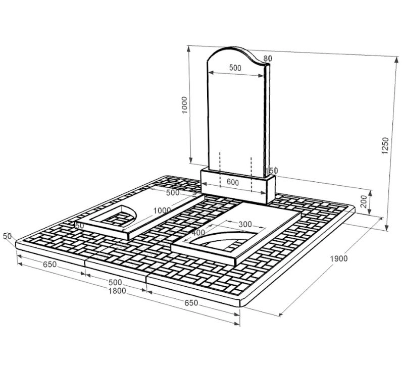 Розміри Гранітна плита на могилу габро подвійна із чорного граніту Коростишів з вирізаним куточком к18-kor-pf-100-50-08-011-l-pbd2