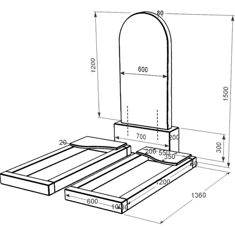 Размеры Гранитный камень на могилу большой двойной из черного гранита Коростышев с волной резной к16-kor-pf-120-60-08-006