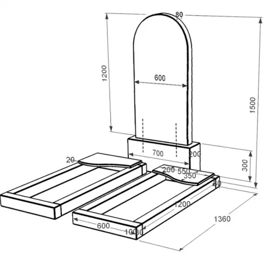 Размеры Гранитный камень на могилу большой двойной из черного гранита Коростышев с волной резной к16-kor-pf-120-60-08-006