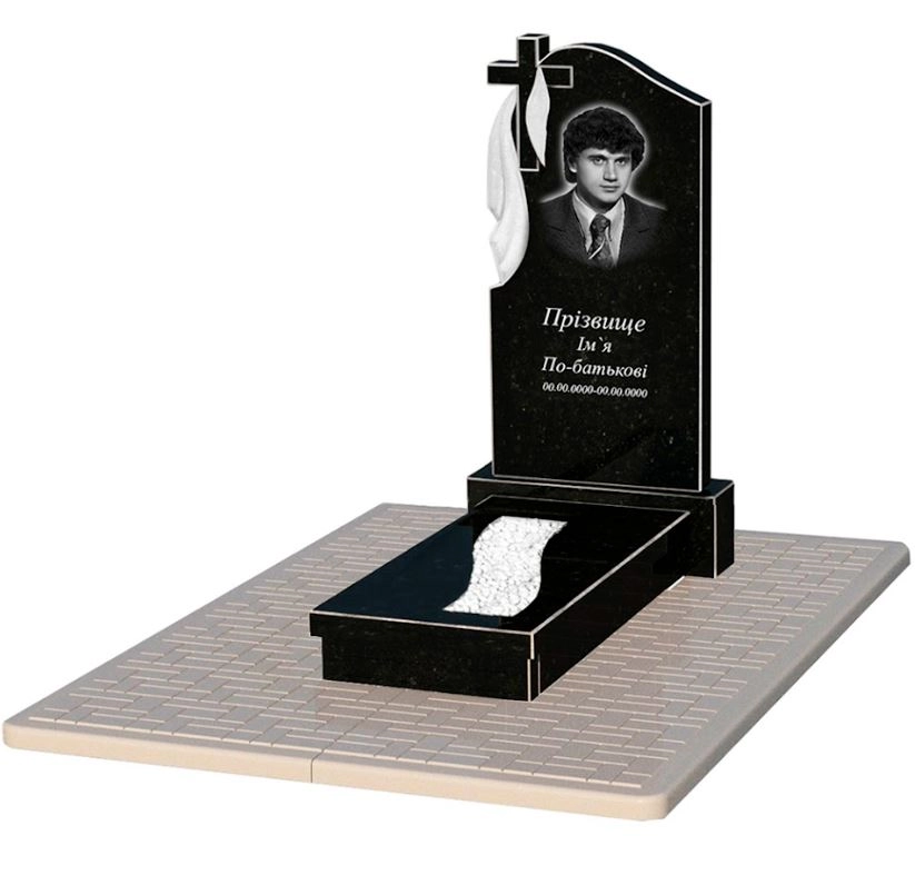 Основне Пам'ятник із граніту для юнаків одинарний із чорного граніту Коростишів з плащаницею різьблений з вирізаною смугою к23-kor-npf-100-50-08-142-pbd2