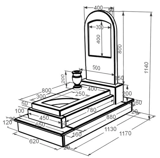 Розміри Пам'ятник із мармуру з мармуру Волокас одинарний з вирізаним куточком з полукруглою стелою к24-vol-pf-80-40-05-006-ck