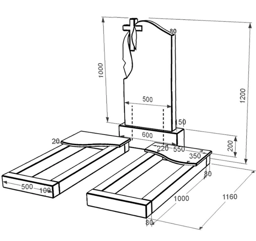 Розміри Подвійний пам'ятник із граніту із чорного граніту Коростишів з хвилею різьблений к15-kor-pf-100-50-08-142