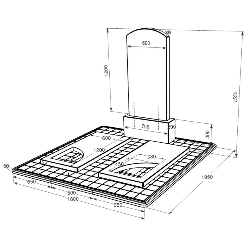 Размеры Памятник из гранита с надгробной плитой двойной с вырезанным уголком из черного гранита Коростышев Дуга 009 к18-kor-pf-120-60-08-009-pbd3