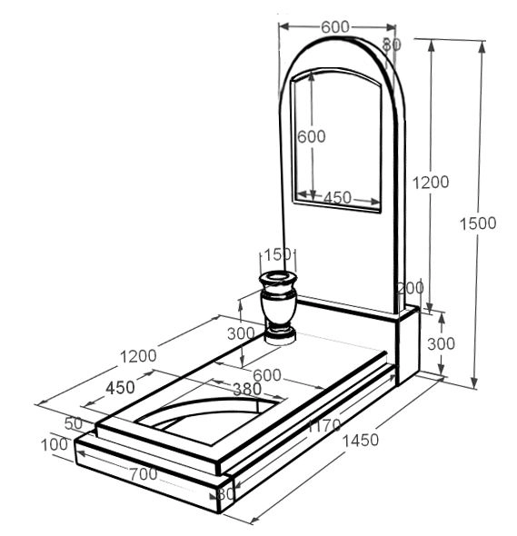 Розміри Мармуровий пам'ятник висотою 150 см одинарний з мармуру Дайна з вирізаним куточком к24-dan-pf-120-60-08-006