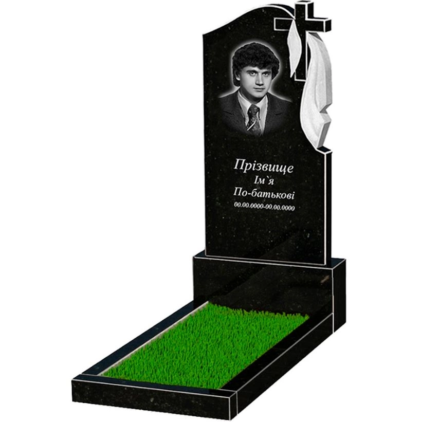 Основне Гранітний пам'ятник великого розміру одинарний із чорного граніту Коростишів з хрестом та плащаницею різьблений к2-kor-npf-120-60-08-142-r