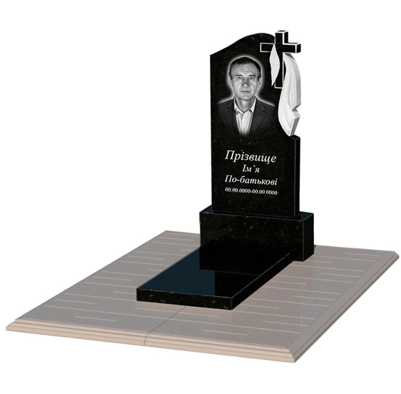 Основне Гранітний пам'ятник батькові одинарний із чорного граніту Коростишів з хрестом та плащаницею різьблений к7-kor-pf-80-40-05-142-r-pbd1