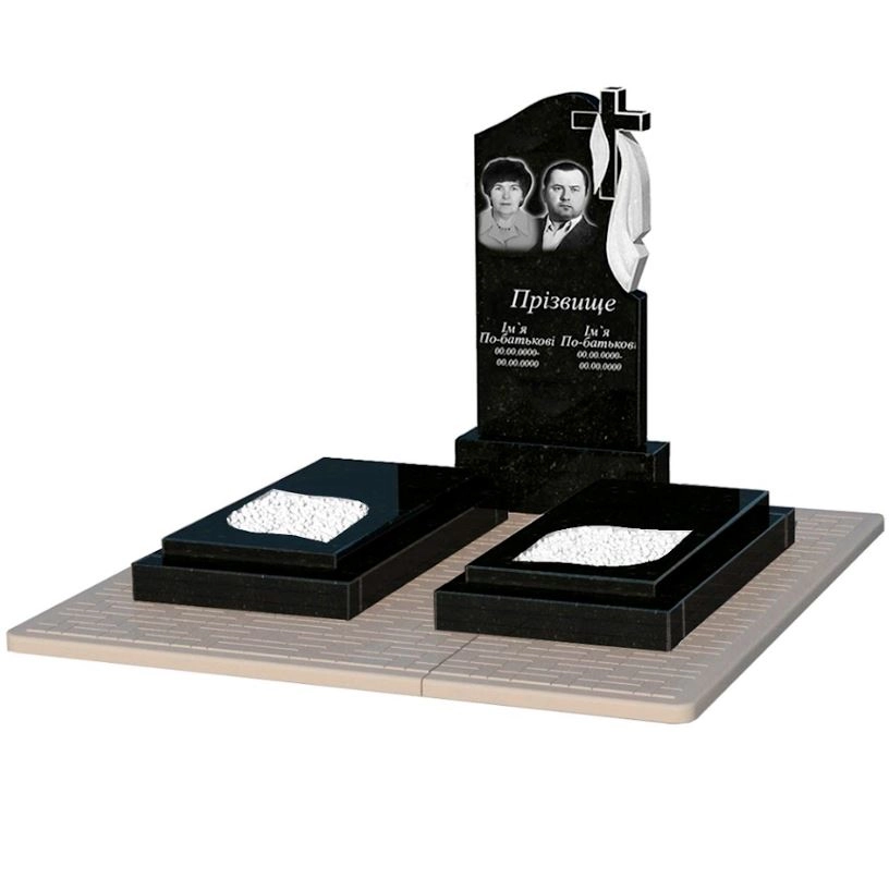 Основне Пам'ятник із граніту фігурної форми подвійний із чорного граніту Коростишів з листом різьблена робота к22-kor-pf-100-50-08-142-r-pbd2