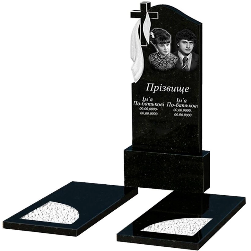 Основне Гранітний пам'ятник з вирізаним куточком подвійний із чорного граніту Коростишів к18-kor-pf-120-60-08-142