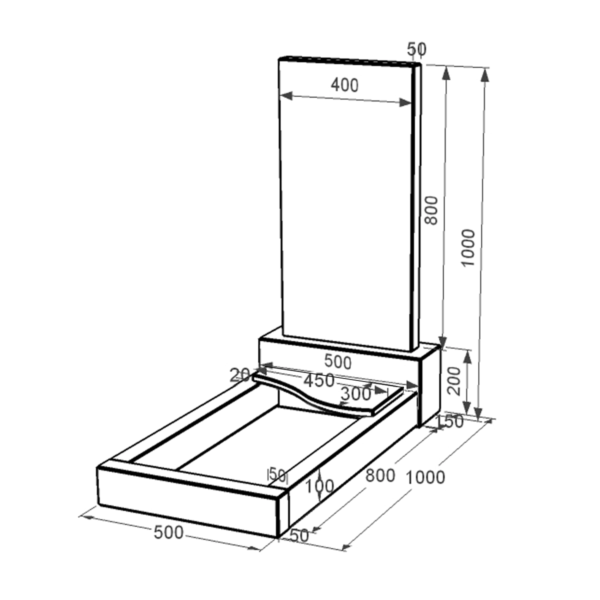 Розміри Пам'ятник із граніту синові одинарний правий серія Базіс 001 із чорного граніту Коростишівського кар'єру к5-kor-npf-80-40-05-001-l