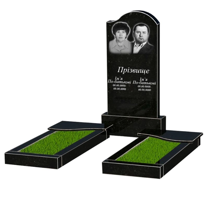 Основне Гранітний камінь на могилу для подружжя подвійний із чорного граніту Коростишів з хвилею різьблений к15-kor-npf-100-50-08-011-r