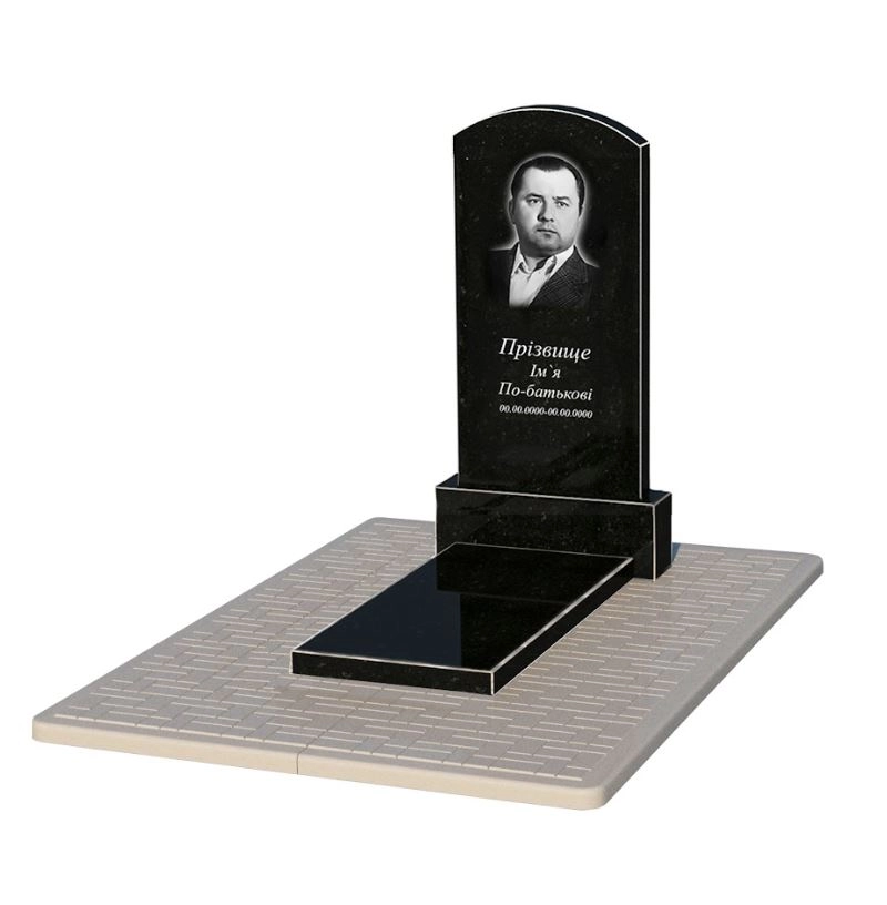 Основне Гранітний пам'ятник із неполірованими фасками одинарний із чорного граніту Коростишів з дугою різьблений к7-kor-npf-100-50-08-009-pbd2