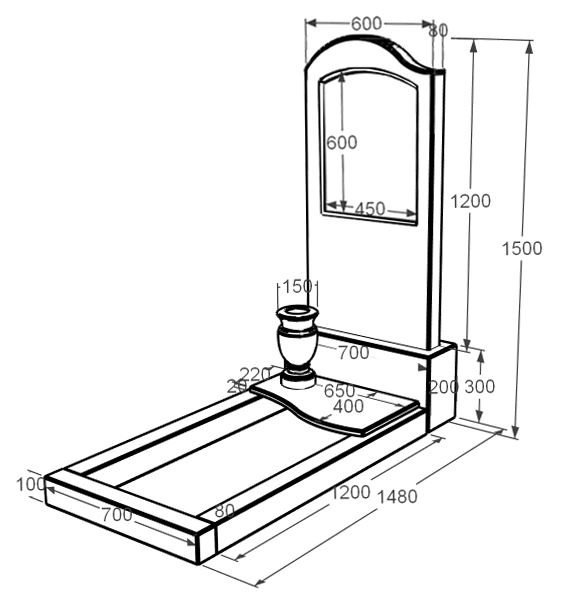 Розміри Мармуровий пам'ятник з квітником одинарний з мармуру Дайна з хвилею різьблений к5-dan-pf-120-60-08-011-l