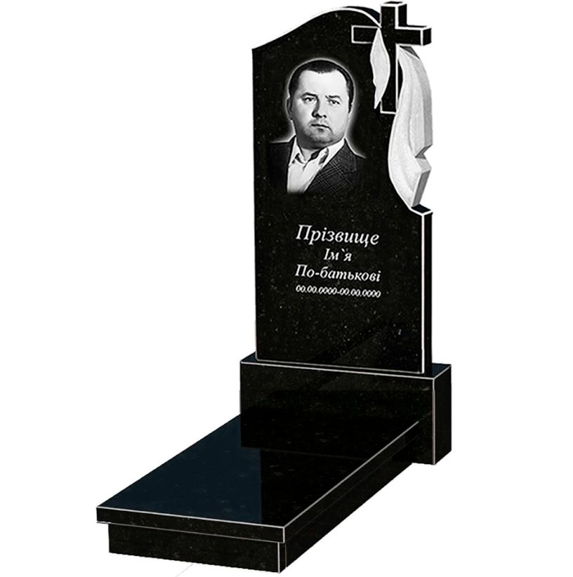 Основне Гранітний пам'ятник великий одинарний із чорного граніту Коростишів з хрестом та плащаницею різьблений к10-kor-npf-120-60-08-142-r