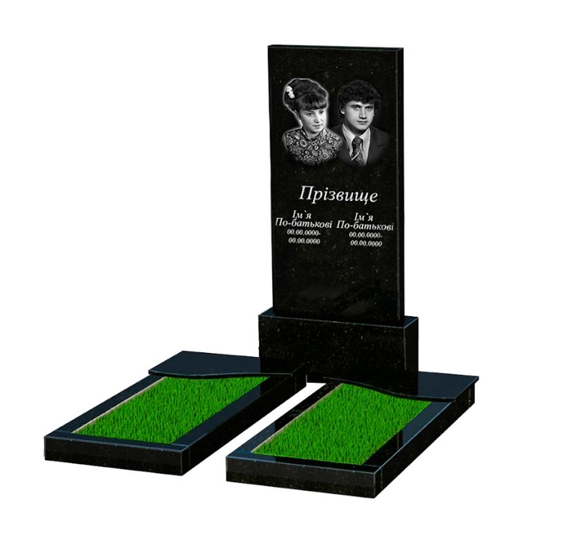 Основне Пам'ятник із граніту з полірованими фасками подвійний із чорного граніту Коростишів з хвилею різьблений к15-kor-pf-120-60-08-001
