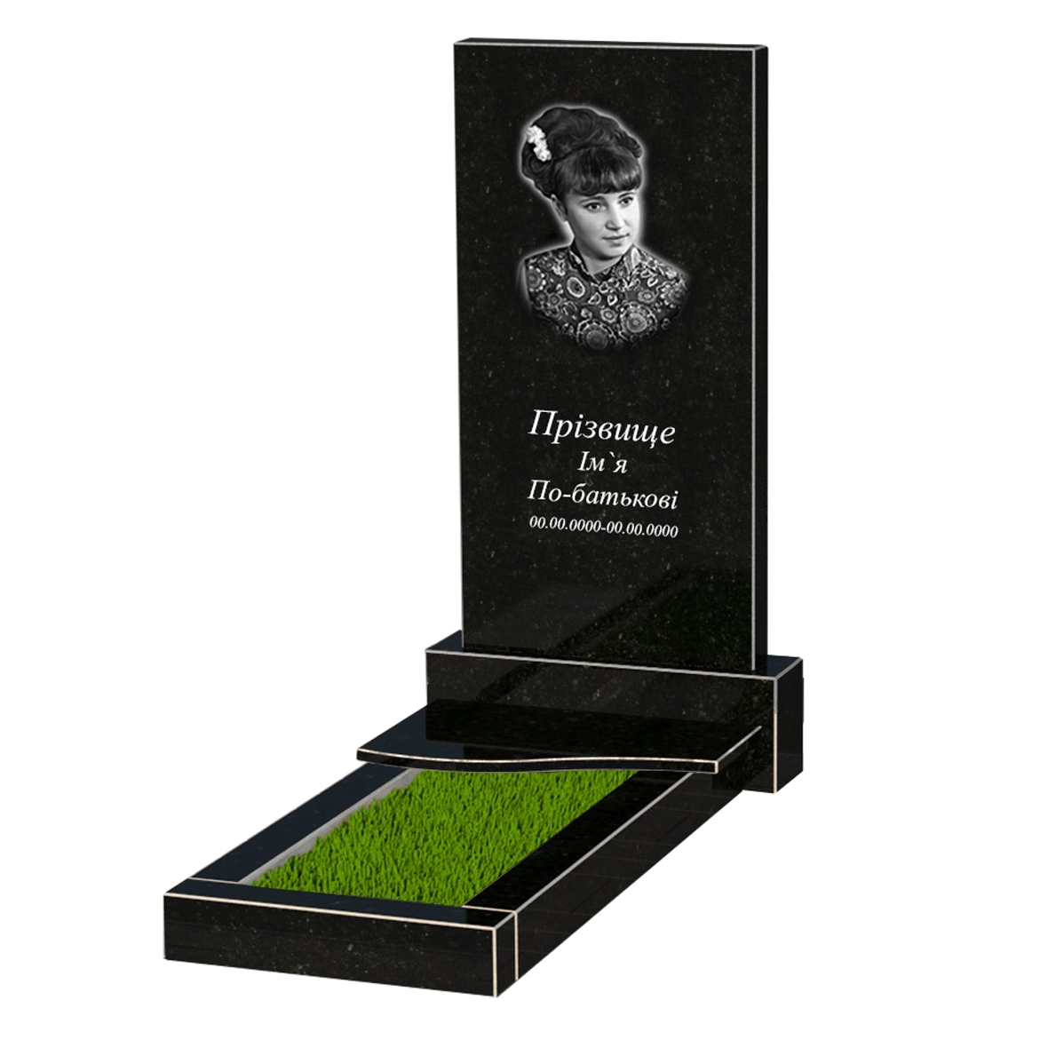 Основне Пам'ятник на могилу із граніту з плитою на квітнику одинарний із чорного граніту Коростишів з хвилею різьблений к3-kor-npf-100-50-08-001