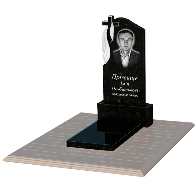 Основне Гранітний пам'ятник з хрестом різьблений одинарний із чорного граніту Коростишів з плащаницею різьблений к7-kor-pf-80-40-05-142-pbd1