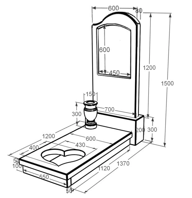 Розміри Мармуровий пам'ятник широкого розміру з мармуру Дайна з серцем різьблена робота к11-dan-pf-120-60-08-011-r