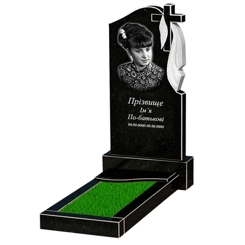 Основне Пам'ятник на цвинтар з граніту середнього розміру одинарний із чорного граніту Коростишів з хвилею різьблений к4-kor-npf-100-50-08-142-r