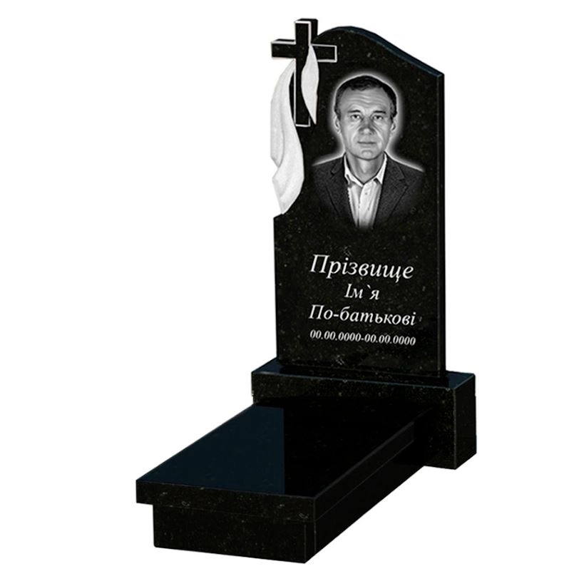 Основне Гранітний пам'ятник з хрестом різьблена робота одинарний із чорного граніту Коростишів з плащаницею різьблений к10-kor-pf-80-40-05-142