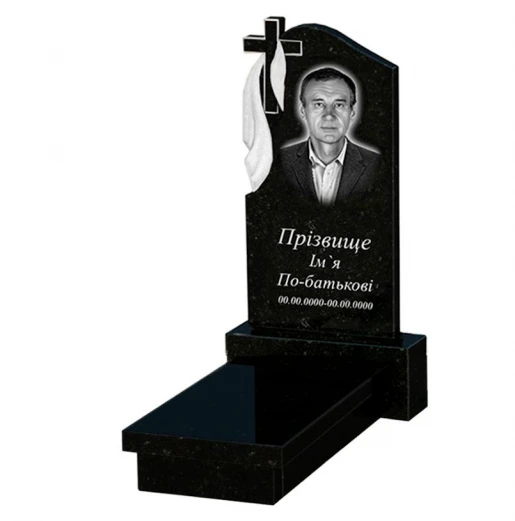 Гранітний пам'ятник з хрестом різьблена робота одинарний із чорного граніту Коростишів з плащаницею різьблений к10-kor-pf-80-40-05-142