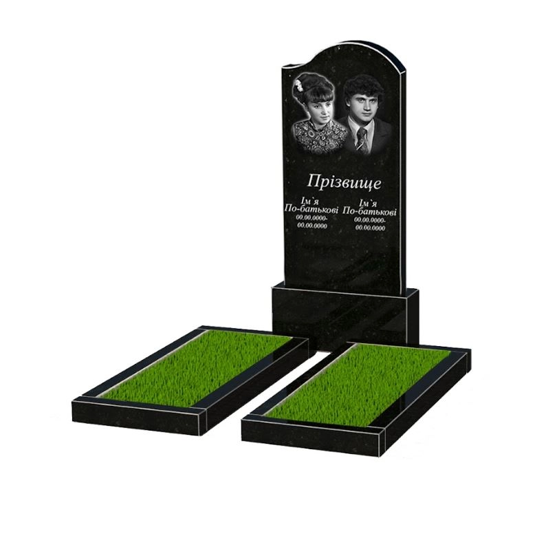 Основне Пам'ятник з граніту з квітником без плити подвійний із чорного граніту Коростишів з хвилею різьбленою к14-kor-npf-120-60-08-011-r