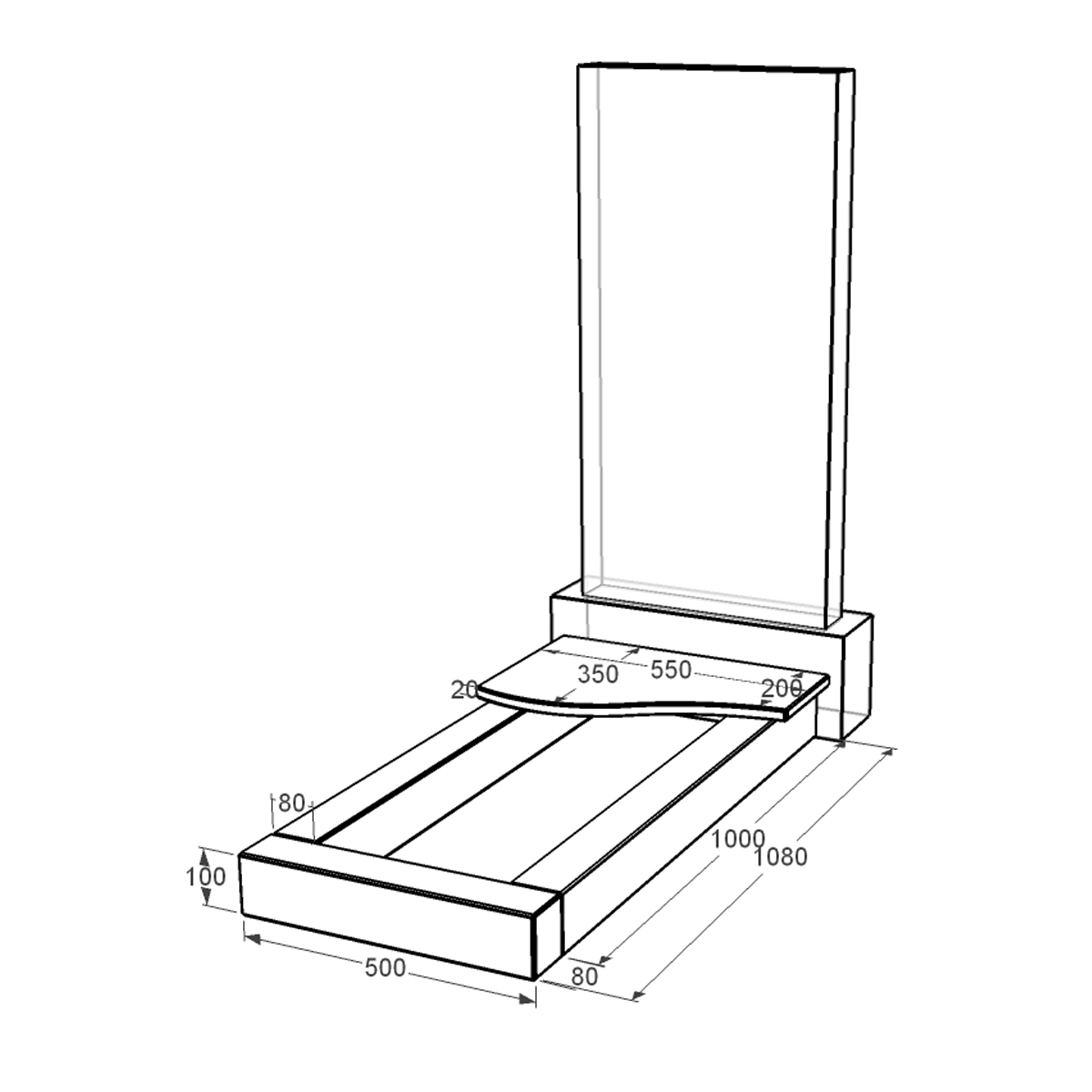 Розміри Квітник на кладовище довжиною 108 см 1080x500x100 з граніту серія Базіс з полірованими фасками Коростишівського кар'єру cv-kor-pf-1080-500-3-volna-1-np