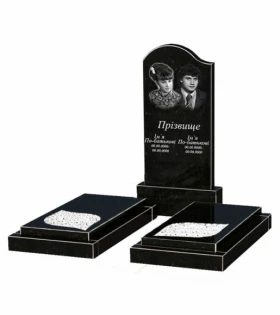 Основное Пам'ятник із граніту з 2 надгробками подвійний із чорного граніту Коростишів з листом різьблена робота к22-kor-npf-100-50-08-011