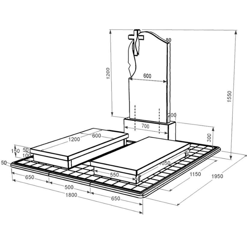 Розміри Гранітний пам'ятник на могилу великий подвійний із чорного граніту Коростишів з хрестом та плащаницею різьблений к19-kor-npf-120-60-08-142-pbd3