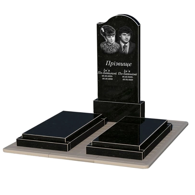 Основне Гранітний пам'ятник високий подвійний із чорного граніту Коростишів з хвилею різьблений к21-kor-npf-120-60-08-011-r-pbd3