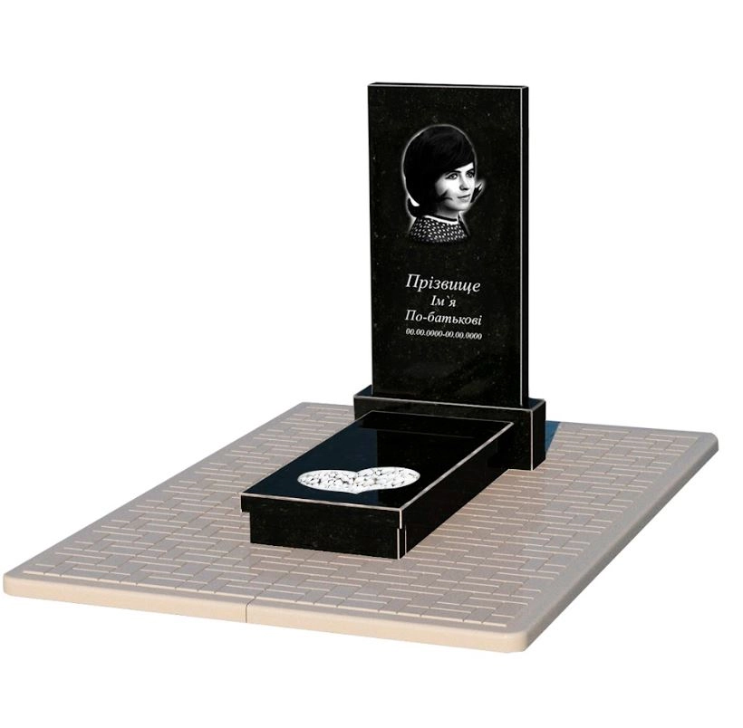 Основное Гранитное каменное надгробие женское одинарное из черного гранита Коростышев с сердцем резная работа к11-kor-npf-100-50-08-001-pbd2