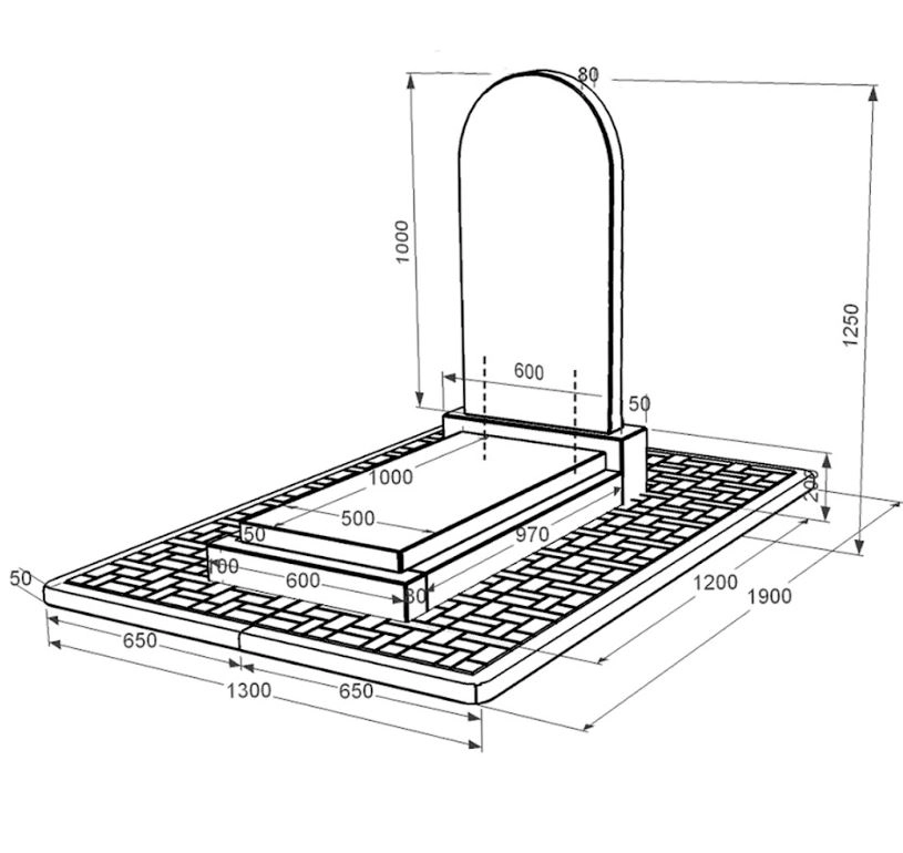 Размеры Надгробие из гранита с полукруглой стелой одинарное из черного гранита Коростышев к12-kor-npf-100-50-08-006-pbd2
