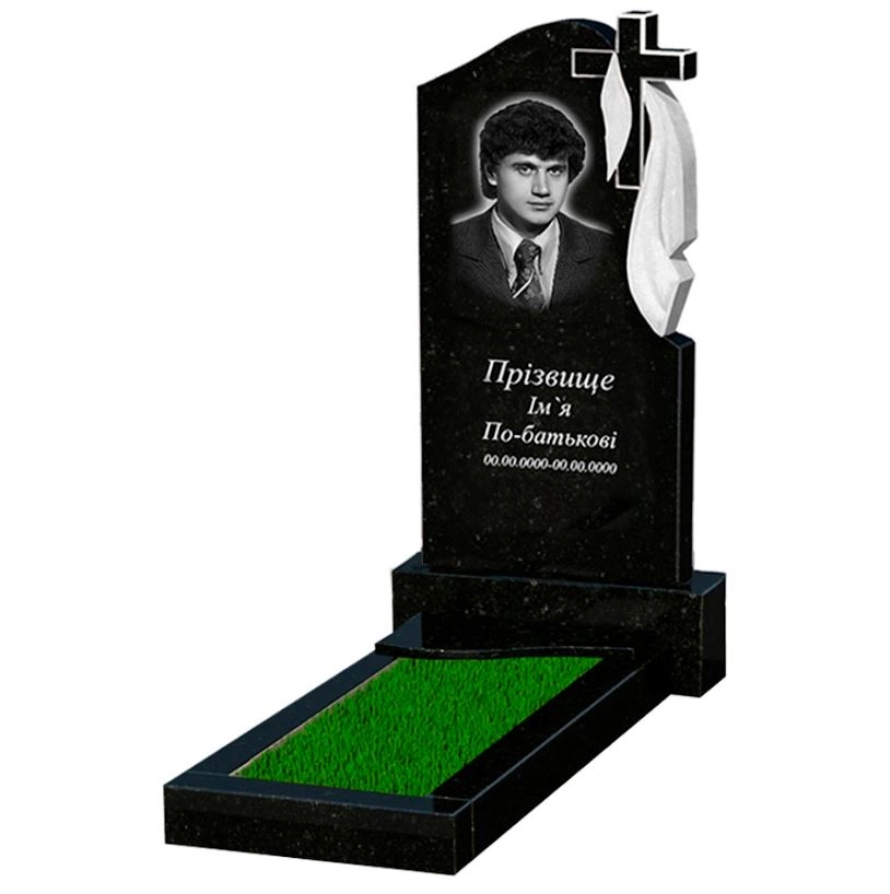 Основне Гранітний пам'ятник для сина одинарний із чорного граніту Коростишів з хвилею різьблений к4-kor-pf-100-50-08-142-r