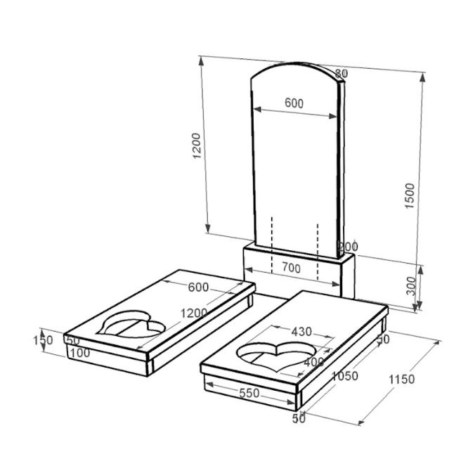 Розміри Гранітний камінь на могилу на кладовище подвійний із чорного граніту Коростишів з серцем різьблена робота к20-kor-npf-120-60-08-009
